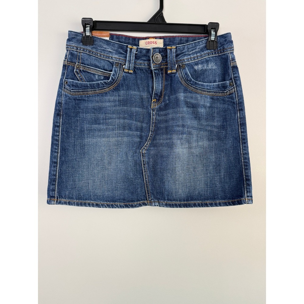 Y2K Distressed Denim Mini Skirt Blue Medium Wash Low Rise Aesthetic 26W/2